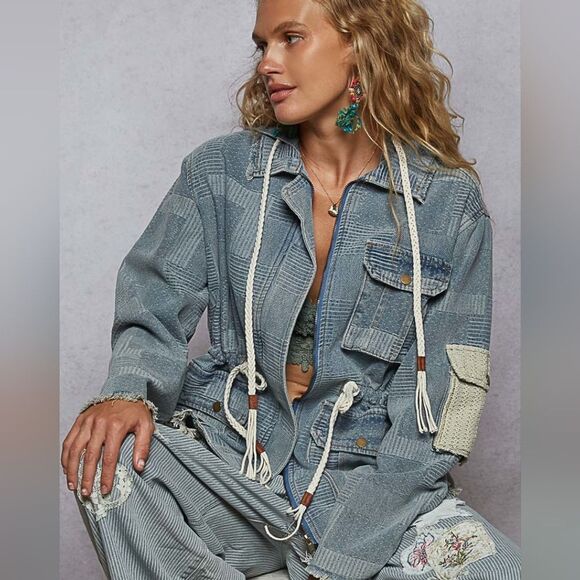 POL Raw Hem Drawstring Zip Up Hooded Denim Jacket Patchwork "Luck & $$$" - Picture 2 of 9